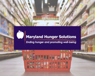 grocery basket sitting on the floor in a grocery store aisle with Maryland Hunger Solutions logo 