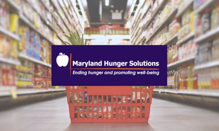 grocery basket sitting on the floor in a grocery store aisle with Maryland Hunger Solutions logo 