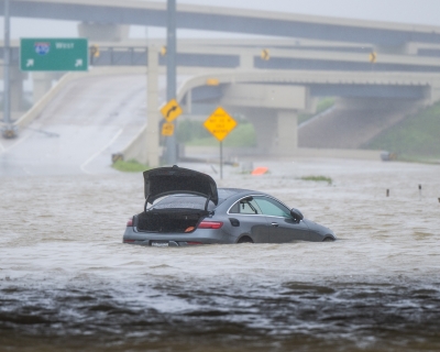 A vehicle is left abandoned in floodwater on a highway after Hurricane Beryl swept through the area on July 8, 2024, in Houston, Texas.