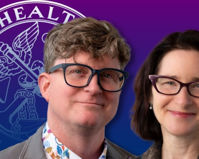 Purple background with U.S. Surgeon General seal and headshots of Ryan Kennedy (a man with a light complexion, wavy brown hair, black glasses and a colorful shirt) and Joanna Cohen (a woman with a light complexion, dark brown shoulder-length hair, and red glasses)