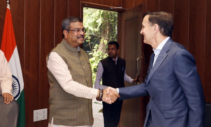 JHU President Ron Daniels meets India's Minister of Education Dharmendra Pradhan in New Delhi