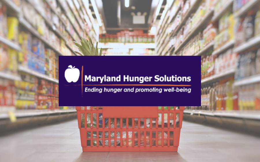 grocery basket sitting on the floor in a grocery store aisle with Maryland Hunger Solutions logo
